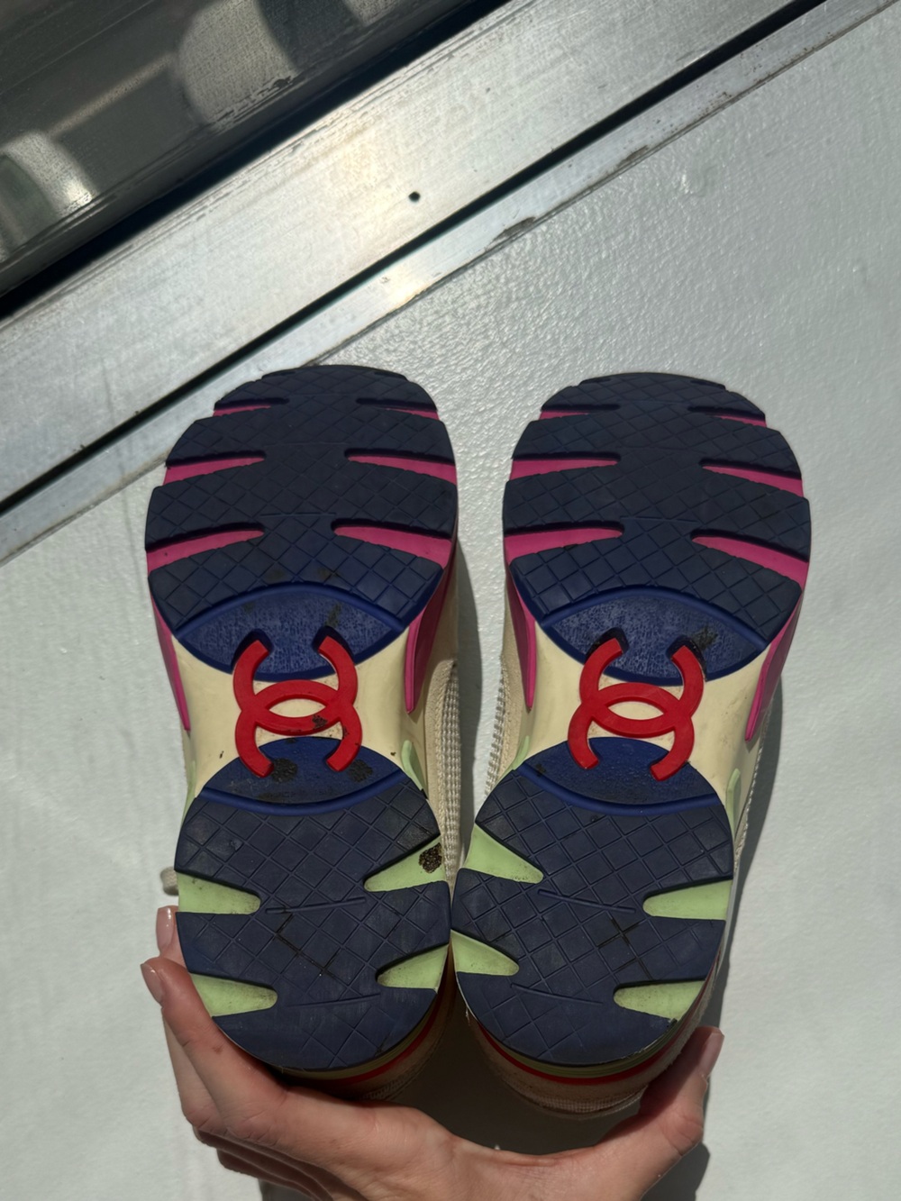 VINTAGE CHANEL White Leather & Suede CC Trainer with Pink, Green & Yellow Accent - Picture 11 of 11
